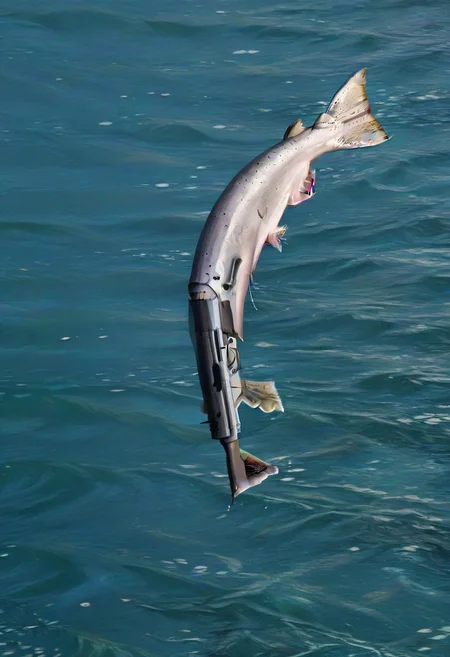 ((((Salmon holding shotgun)))))