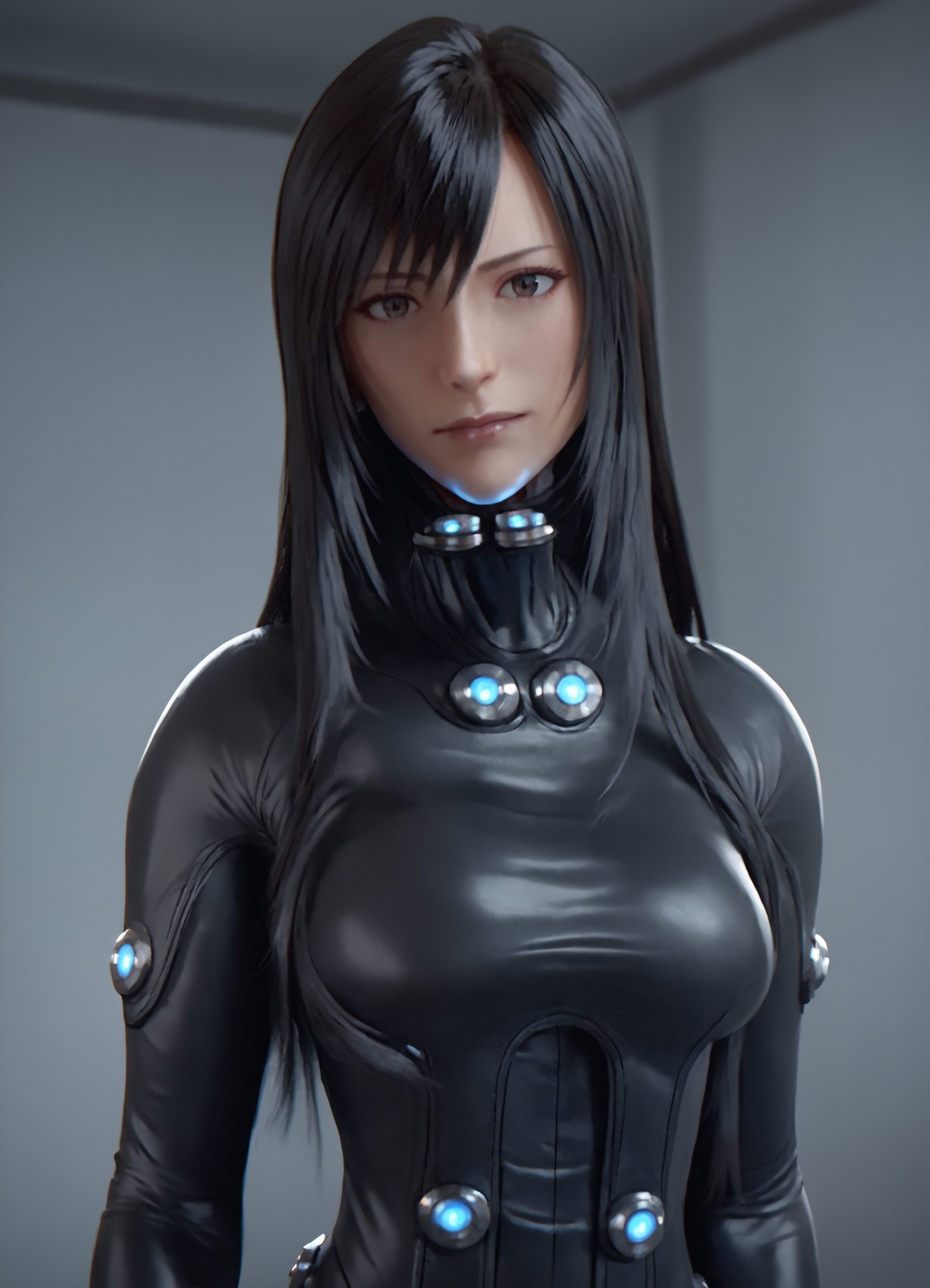 <lora:ReikaPony1.0:1> reika shimohira, 1girl, long hair, solo, black hair, black bodysuit, neon trim, science fiction, breasts, upper body, score_9, score_8_up, score_7_up, score_6_up, score_5_up, score_4_up, looking at viewer, cowboy shot,