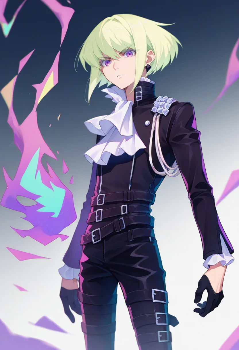 score_9, score_8_up, score_7_up, source_anime, solo, male focus, 1boy, lio fotia, expressionless, looking at viewer, standing, pyrokinesis, purple fire, purple eyes, frills, black jacket, white ascot, multiple belts, black gloves, half gloves, black pants, earrings <lora:promare_liofotia_ponyXL:1>