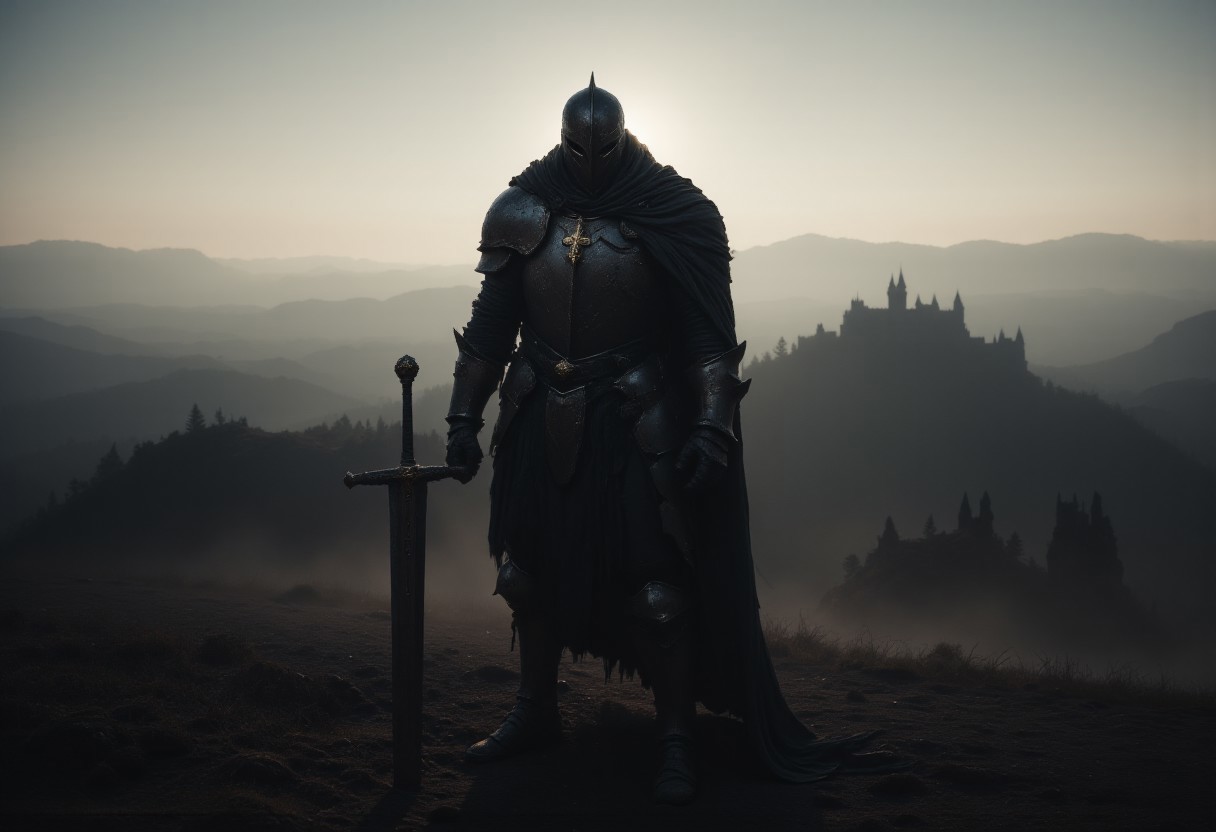 ajnatubli, Dark, screen-filling upper body portrait of a grim, battle-worn knight. His weathered cloak hangs in tattered folds over dented, centuries-old armor, fastened with cracked leather straps. His helmet is battered, the metal split and scarred, hinting at brutal past conflicts. One pauldron catches the last rays of a dying sun, glowing faintly amidst the surrounding gloom. Behind him stretches a vast, mist-shrouded landscape — endless rolling hills lost in dense fog, bathed in haunting twilight. In the distance, the shadow of a forgotten castle disappears into the haze between the hills, its broken towers barely visible through the veil of mist. The air is thick with silence and dust, and the entire scene breathes an atmosphere of solemn decay, ancient tragedy, and approaching darkness.
