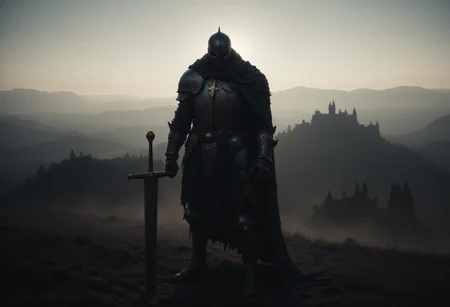 ajnatubli, Dark, screen-filling upper body portrait of a grim, battle-worn knight. His weathered cloak hangs in tattered folds over dented, centuries-old armor, fastened with cracked leather straps. His helmet is battered, the metal split and scarred, hinting at brutal past conflicts. One pauldron catches the last rays of a dying sun, glowing faintly amidst the surrounding gloom. Behind him stretches a vast, mist-shrouded landscape — endless rolling hills lost in dense fog, bathed in haunting twilight. In the distance, the shadow of a forgotten castle disappears into the haze between the hills, its broken towers barely visible through the veil of mist. The air is thick with silence and dust, and the entire scene breathes an atmosphere of solemn decay, ancient tragedy, and approaching darkness.