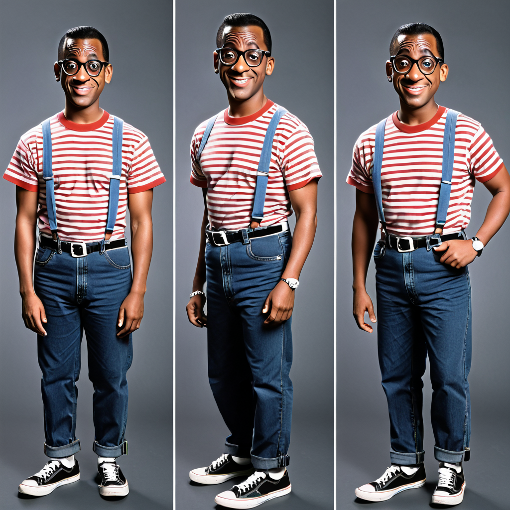 <lora:Everly_Heights_Character_Maker_Pony_XL:1> 4view, Steve Urkel nerd with glasses and suspenders