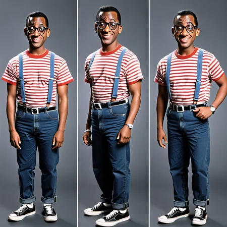 <lora:Everly_Heights_Character_Maker_Pony_XL:1> 4view, Steve Urkel nerd with glasses and suspenders