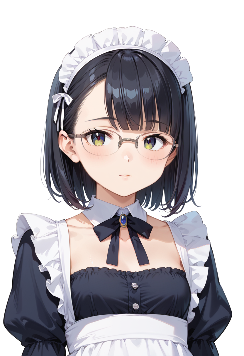 score_9, score_8_up, score_7_up, rating_safe, masterpiece, best quality, absurdres, unity 8k wallpaper, official art, official style, source_anime, uncensored, game cg, megami magazine,
1girl, solo, black hair, medium hair, upper body, covered eyes,maid, maid headdress, black dress, maid apron, face focus, 
halfrim15S, still life, white background, simple background, grey-framed eyewear,
 <lora:glasses_halfrim15s_PONY_V1:1>