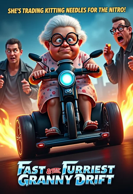 The poster shows a tiny, elderly grandma in her floral dress and oversized glasses sitting behind the wheel of a souped-up mobility scooter that looks like it's straight out of a street racing movie. Flames and racing decals cover the scooter, and it's equipped with nitrous tanks, glowing underbody lights, and spoiler wings. The background is a blurred cityscape, with streaks of neon lights as if she's speeding through the night at breakneck speed. 
In the foreground, a group of shocked street racers, clad in leather jackets, look on in disbelief, one of them even spilling their energy drink in slow motion. The tagline reads, "She’s trading knitting needles for nitro!" in bold, action-movie font. The bottom of the poster features the title in chrome letters: "Fast & the Furriest: Granny Drift."