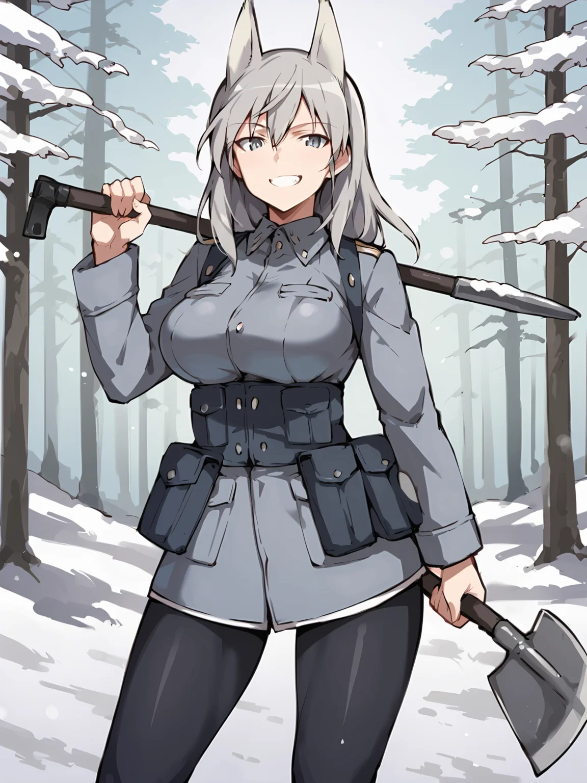 score_9, score_8_up, score_7_up, score_6_up, score_5_up, score_4_up,
source_anime, realistic,
1 girl, standing, holding shovel, cowboy shot, forest, snow,
BREAK
<lora:Aurora_E_Juutilainen__World_Witches_Series:0.8> wwaurora, aurora_e._juutilainen, strike witches,
large breasts, grey hair, long hair, grey eyes, muscular,
animal ears, wolf ears, wolf girl,
military uniform, military, light blue uniform, pantyhose, black pantyhose, pouch,
grin,
