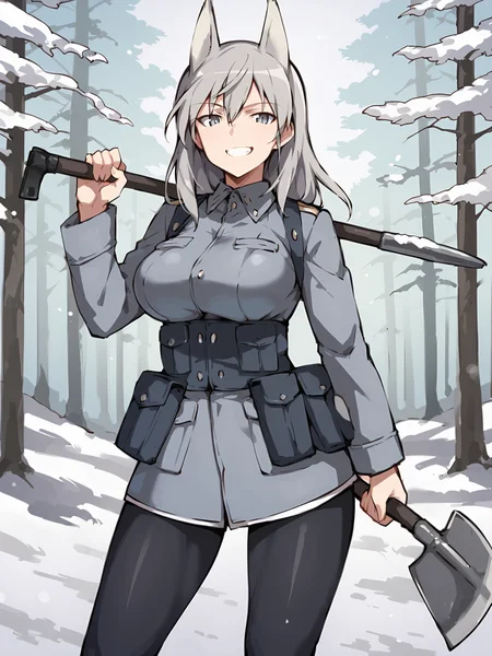 score_9, score_8_up, score_7_up, score_6_up, score_5_up, score_4_up,
source_anime, realistic,
1 girl, standing, holding shovel, cowboy shot, forest, snow,
BREAK
<lora:Aurora_E_Juutilainen__World_Witches_Series:0.8> wwaurora, aurora_e._juutilainen, strike witches,
large breasts, grey hair, long hair, grey eyes, muscular,
animal ears, wolf ears, wolf girl,
military uniform, military, light blue uniform, pantyhose, black pantyhose, pouch,
grin,