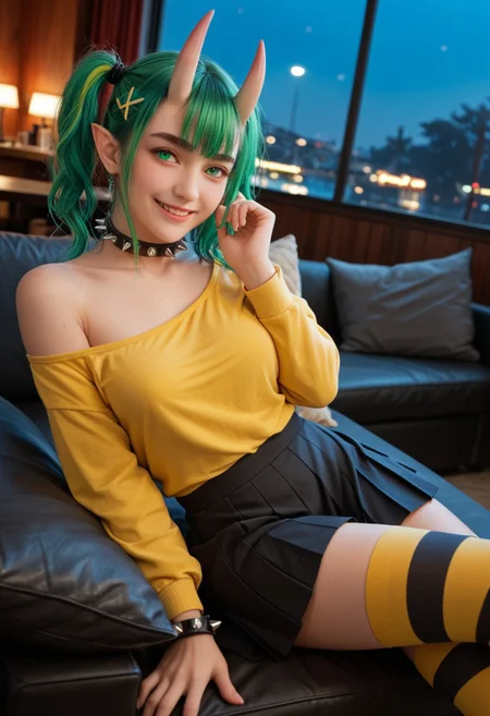 score_9_up, score_8_up, score_7_up, score_6_up, 1girl, 25 years old, perfect face, (adult), sexy,
green eyes,
pointy ears,
green hair, twintails, bangs, multicolored hair, thick eyebrows, x hair ornament, hair ornament, hairclip, oni horns,
spiked collar, spiked bracelet,
off shoulder, yellow shirt, sleeves past wrists,
black skirt, pleated skirt,
striped thighhighs, black thighhighs, yellow thighhighs,
lying, on side, arm support, seductive smile, come hither, naughty face, dynamic pose, dynamic angle, blush,
dutch angle, night, party, nightclub,
mature
