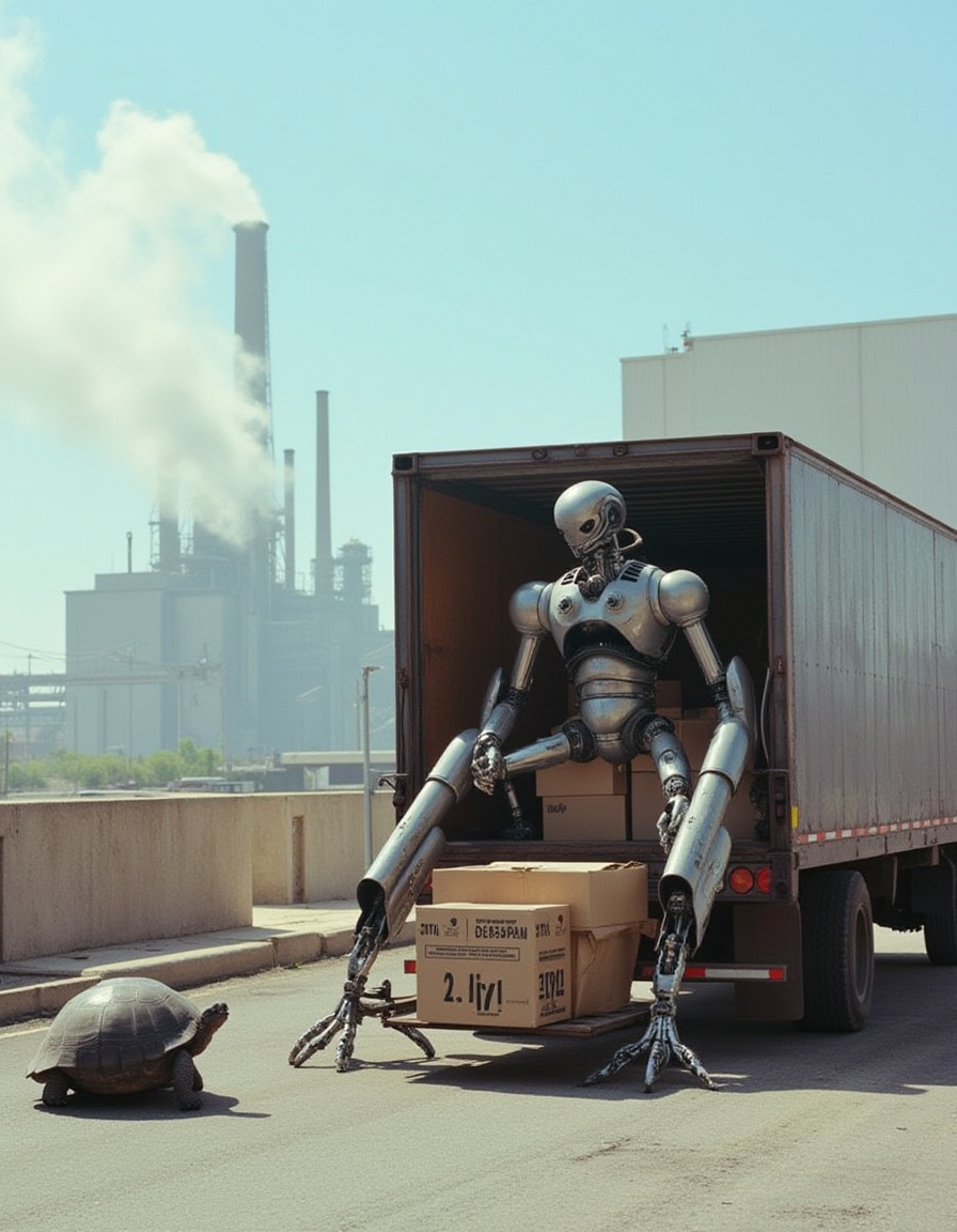 cinematic photography of a gangly robot with extra limbs unloading boxes from the back of a truck. Behind the truck is a long ugly factory building billowing smoke up into an otherwise blue sky. A large turtle on the side of the lot watches the robot. 
