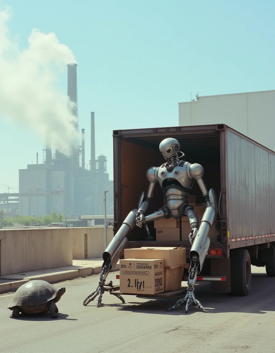 cinematic photography of a gangly robot with extra limbs unloading boxes from the back of a truck. Behind the truck is a long ugly factory building billowing smoke up into an otherwise blue sky. A large turtle on the side of the lot watches the robot.