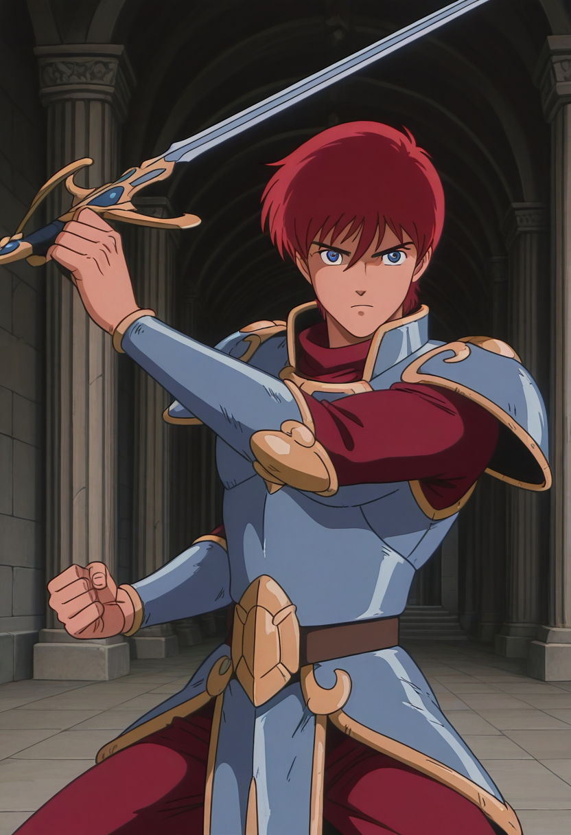 1boy, solo, adolysiova, red hair, blue eyes, armor, red shirt, vambraces, red pants, cowboy shot, indoors, fantasy home, hands on hips, smile,