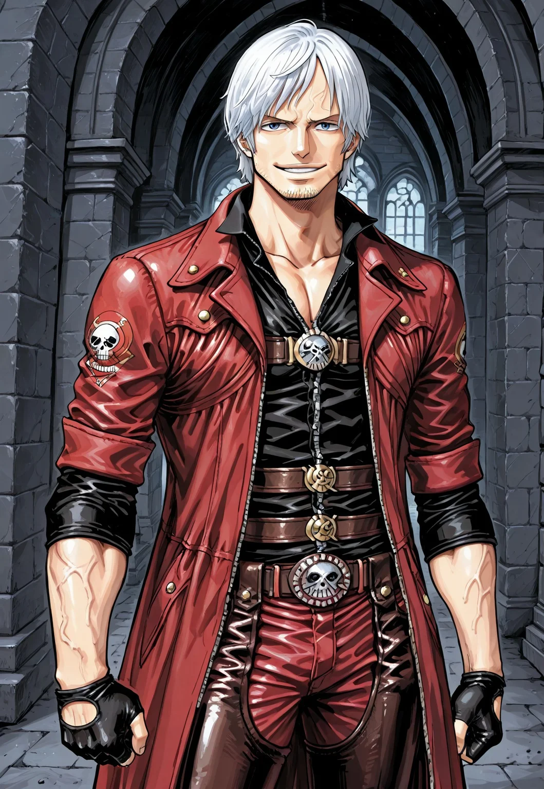 score_9, onepieceartstyle_style, onepieceartstyle, source_artwork, da4e3, masterpiece, best quality, hyper-Detailed, 1man, solo, male focus, alone, detailed, Dante ((muscular body, fair skin, white hair, blue detailed eyes, chin stubble)), ((wearing black collared shirt, open collar, chest belt, red coat, trench coat, sleeves rolled up, black gloves, partially fingerless gloves, buckle, brown leather black chaps, red pants,)), looking at the viewer, smiling, hand on chin, standing, inside a dark castle, night