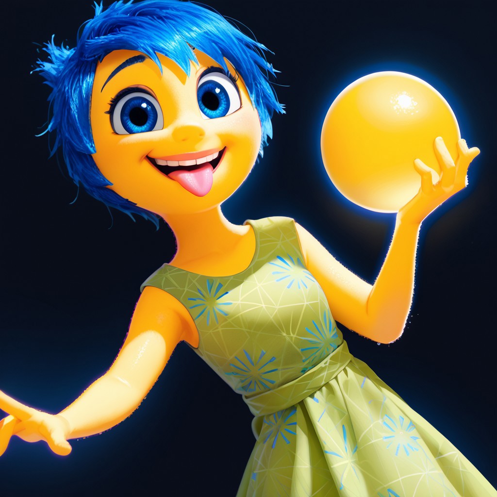 score_9, score_8_up, score_7_up, score_6_up, score_5_up, score_4_up, JoyEmotion, glowing, 1girl, looking at viewer, blue hair, yellow skin, black background, blue eyes, holding a glowing yellow ball, sticking tongue out, happy, pink tongue