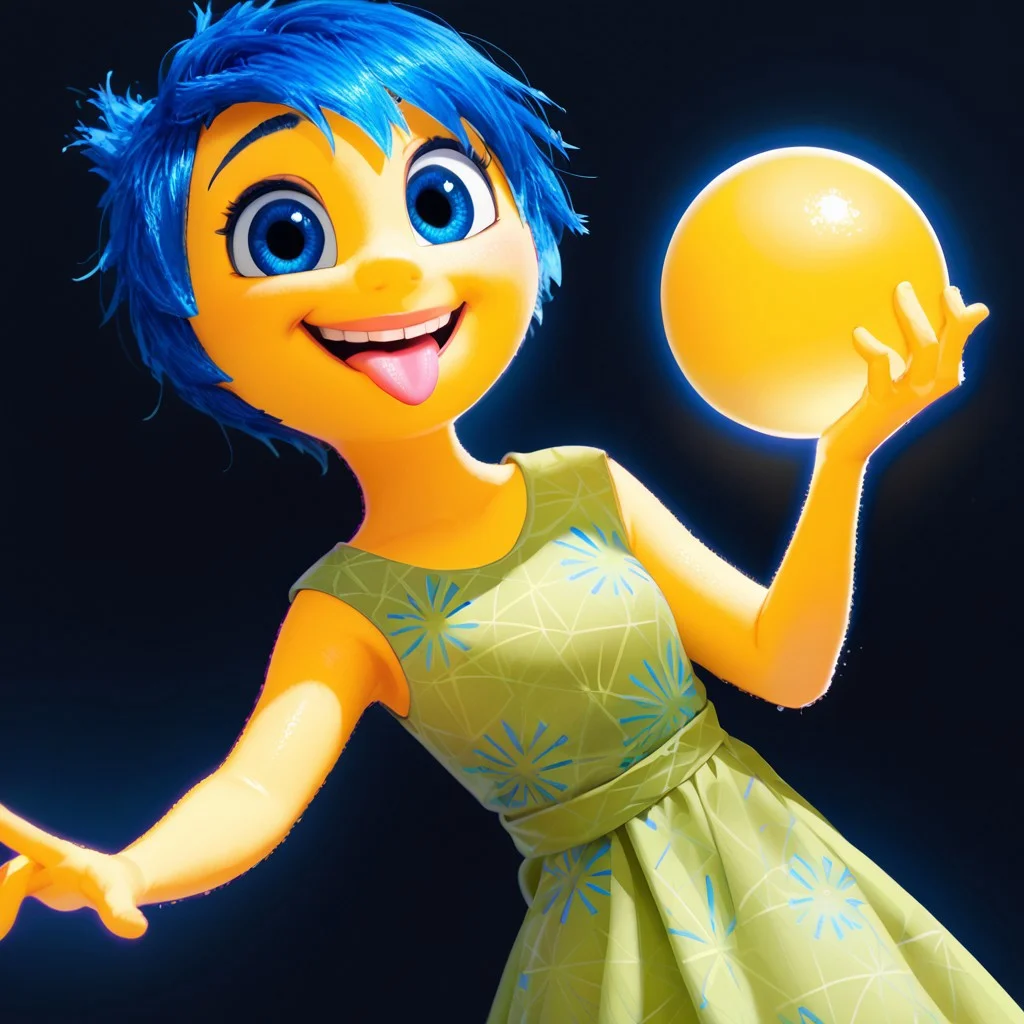 score_9, score_8_up, score_7_up, score_6_up, score_5_up, score_4_up, JoyEmotion, glowing, 1girl, looking at viewer, blue hair, yellow skin, black background, blue eyes, holding a glowing yellow ball, sticking tongue out, happy, pink tongue