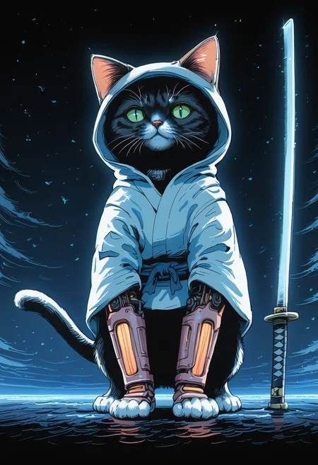score_9, score_8_up, score_7_up, monochrome, (realistic, flat color:1.2), mad-cyberspace,
BREAK
1cat, solo, (hood up, animal head, cat samurai:1.4), katana, wind, cyborg, glowing,
billboard, light particles, faded, night, dutch angle, close-up, (simple background, space background:1.2),
shadow, pink, blue, lineart, ultra detailed, highres, digital art, <lora:Beatrix_potter_drawing_style:0.5> , in the style of Beatrix Potter, <lora:Neon_Cyberpunk_Cyberspace_Pony:0.7> <lora:Adventure_Time_Style_LORA:1> adventure time, dot eyes