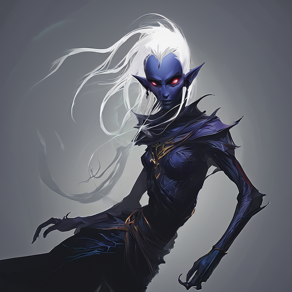 Drow are the Dark Elves of the Underworld - fearless killers who are known for both their spellcasting and fighting ability. Though more frail than humans,they are solid fighters with a great reputation of ruthlessness and precision. Those who cross a dark elf usually meet a swift demise. Drow are tallish elves with indigo skin and white hair,and usually have either red or golden eyes.,masterpiece,long exposure,layered elements,motion photography,stark contrasting color transitions,saturated colors,harmonious color story,illusionism,beautiful details,blackhole energy core,
<lora:artfullydrow__sdxl_v1:1>,