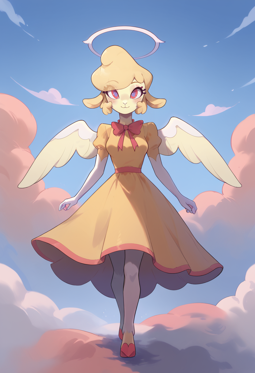 score_9, score_8_up, score_7_up,
((best quality)), absurdres,
 <lora:HBKeeniePXL:1> HBKeeniePXL, hourglass figure, anthro, female, 1girl,
full body, dress, clouds, heaven, wings, walking,
<lora:Smooth Anime Style LoRA XL:0.7> Smooth, Anime, <lora:Expressive_H:1> Expressiveh,
