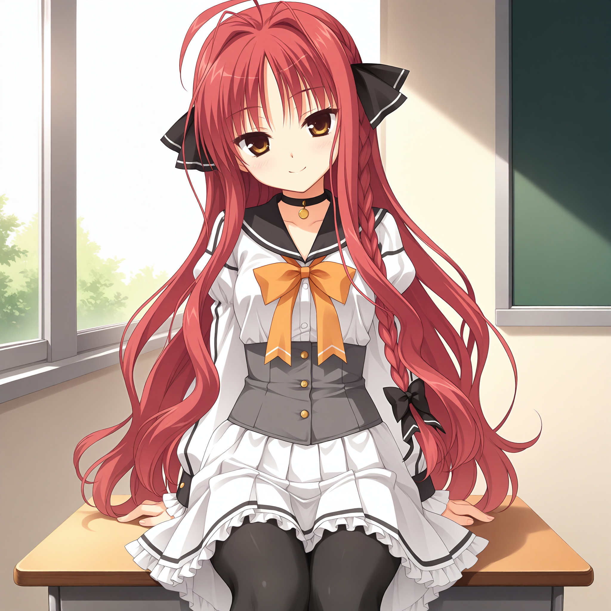<lora:Yarai_Miu_1_nai-000033:1>,Yarai Miu,
single braid,hair bow,black bow,
school uniform,black pantyhose,white skirt,black sailor collar,puffy long sleeves,frilled skirt,pleated skirt,grey corset,black choker,frilled sleeves,orange bowtie,
BREAK
1girl,solo,sitting,on desk,front view,looking at viewer,indoors,smile,arm support,head tilt,