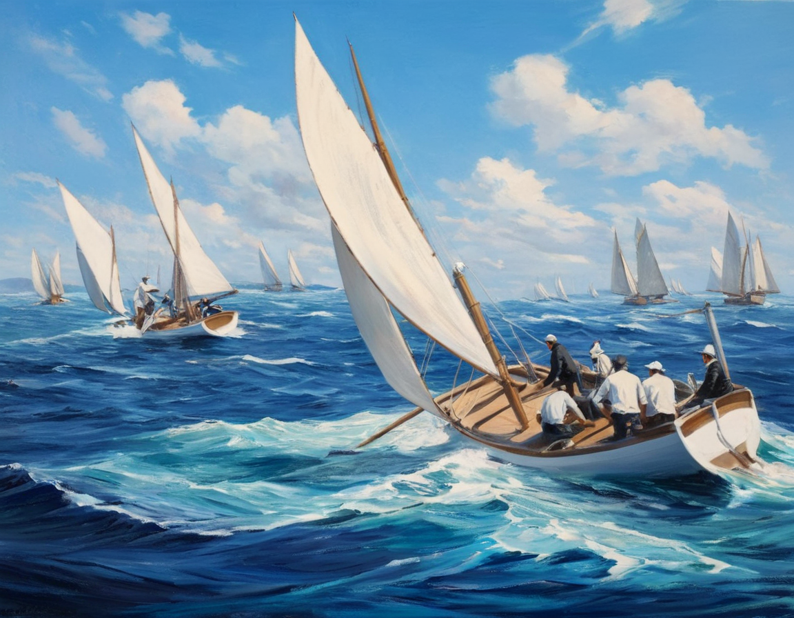 AOFischer Painting depicts several sailboats racing on a choppy, brilliant blue sea under a partially cloudy light blue sky. The main boat is in the foreground, angled slightly right, and heeling left, creating dramatic movement and tension. The wooden mast is tall and thin and supports many large white triangle sailing sails. The sails are bulging with wind. Five people sit along the side of the boat while one man is standing. The people are wearing white hats and clothing, but the central figures are wearing black coats. To the right of the main boat is a second smaller boat and crew who are also angled and heeling. In the distance, a single sailboat can be seen, much smaller. White-capped waves are crashing and curling in the blue water. The painting style is loose and flowing which captures the motion and energy of the scene.<lora:AOFischer1-000007:1>