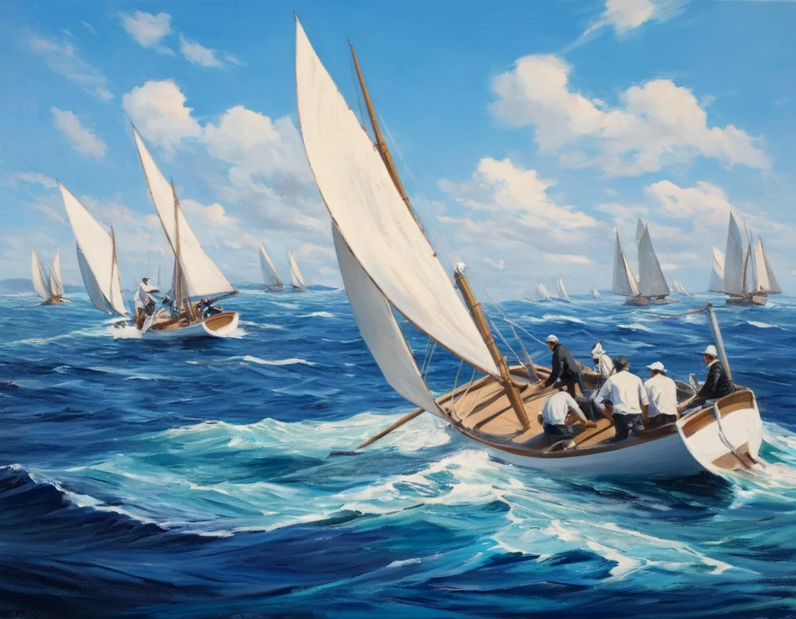 AOFischer Painting depicts several sailboats racing on a choppy, brilliant blue sea under a partially cloudy light blue sky. The main boat is in the foreground, angled slightly right, and heeling left, creating dramatic movement and tension. The wooden mast is tall and thin and supports many large white triangle sailing sails. The sails are bulging with wind. Five people sit along the side of the boat while one man is standing. The people are wearing white hats and clothing, but the central figures are wearing black coats. To the right of the main boat is a second smaller boat and crew who are also angled and heeling. In the distance, a single sailboat can be seen, much smaller. White-capped waves are crashing and curling in the blue water. The painting style is loose and flowing which captures the motion and energy of the scene.<lora:AOFischer1-000007:1>