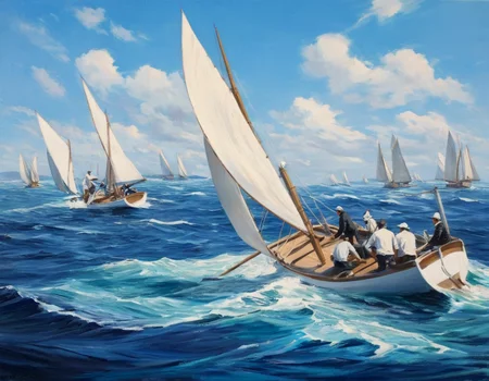 AOFischer Painting depicts several sailboats racing on a choppy, brilliant blue sea under a partially cloudy light blue sky. The main boat is in the foreground, angled slightly right, and heeling left, creating dramatic movement and tension. The wooden mast is tall and thin and supports many large white triangle sailing sails. The sails are bulging with wind. Five people sit along the side of the boat while one man is standing. The people are wearing white hats and clothing, but the central figures are wearing black coats. To the right of the main boat is a second smaller boat and crew who are also angled and heeling. In the distance, a single sailboat can be seen, much smaller. White-capped waves are crashing and curling in the blue water. The painting style is loose and flowing which captures the motion and energy of the scene.<lora:AOFischer1-000007:1>