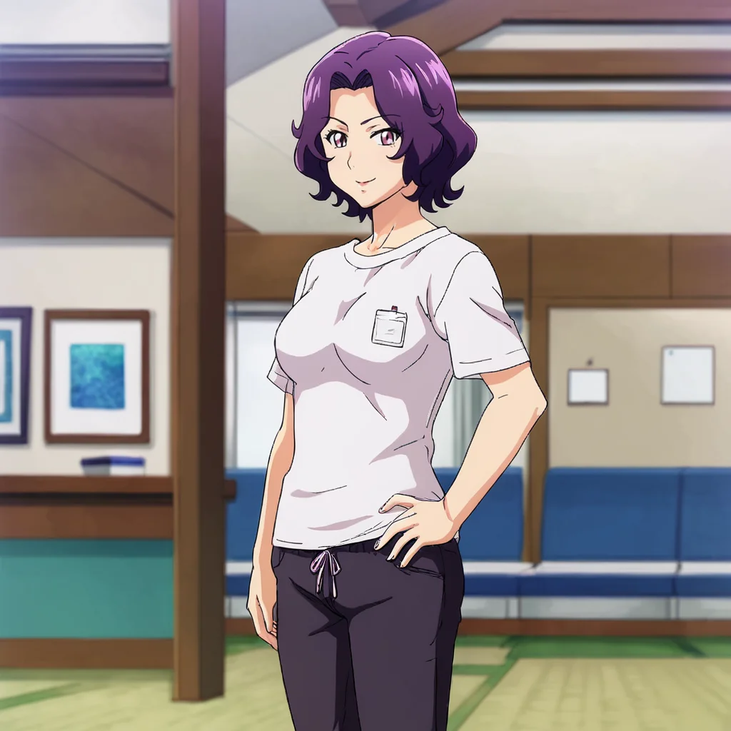 <lora:Azuza_pony_v1:.8>AzusaShirt, purple hair, 1girl, short hair, purple eyes, t-shirt, pants, white shirt,  cowboy shot