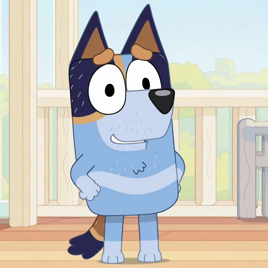 stripeheeler, dog, 2D, cartoon, black nose, black pupils, blue fur, pointed ears, brown eyebrows, shortstack, male, looking at viewer, standing, tail, hands on hips,