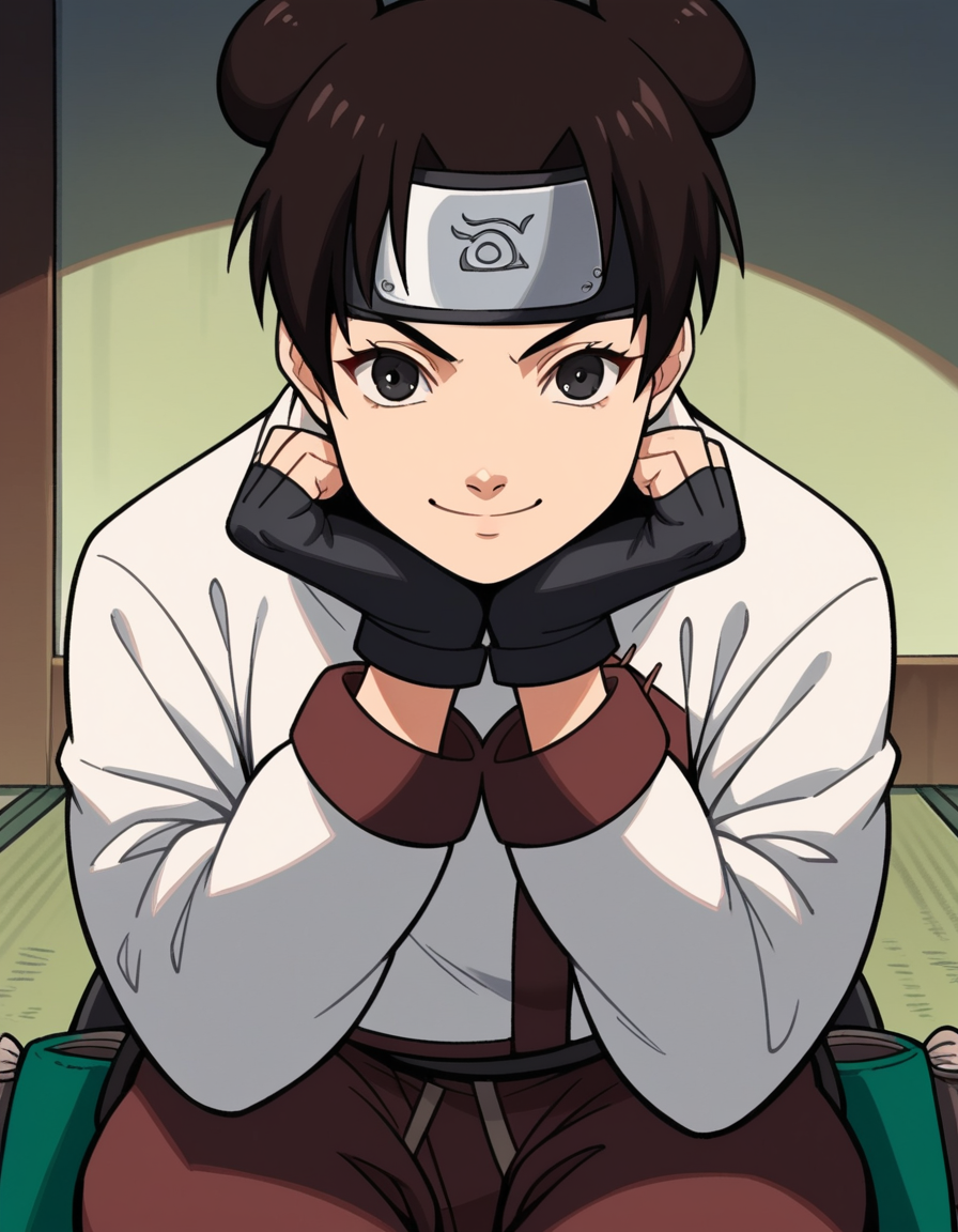score_9, score_8_up, score_7_up, source_anime, <lora:tenten-shippuden-anime-ponyxl-lora-nochekaiser:1>, tenten, black hair, hair bun, double bun, black eyes,, shirt, gloves, long sleeves, white shirt, black gloves, pants, fingerless gloves, ninja, forehead protector, konohagakure symbol,, indoors, smile, looking at viewer, solo, sitting, head rest,, cowboy shot, dutch angle