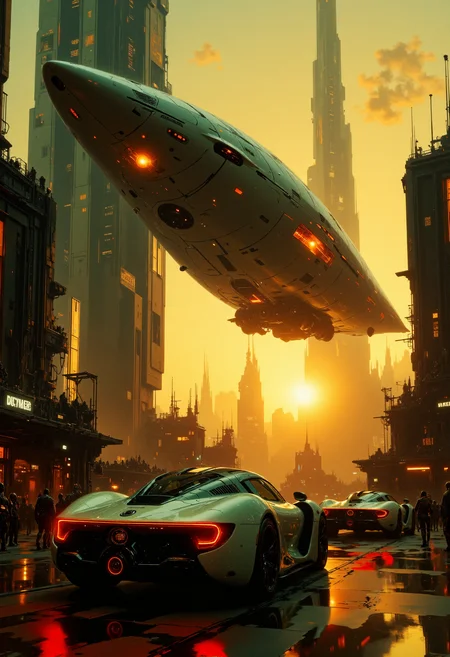 highest details, ultra hyper realism. highly detailed and realistic. intricate and highly professional artwork, an absolute masterpiece.
This high-quality digital artwork depicts a futuristic cityscape at sunset, featuring sleek, silver and black sports cars with glowing accents. A massive, hovering, futuristic, elegantly designed aircraft looms in the sky. The scene is vibrant with warm, orange hues and a blurred background, emphasizing the cars and aircraft. The image has a very high aesthetic quality, showcasing a blend of sci-fi and automotive themes.
 <lora:artilands_v02_epoch_6:1>