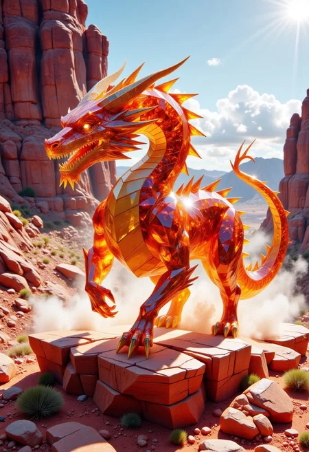 FluxEpicDragon, a crystalline dragon made of cut orange topaz and gold diamond gemstones with subsurface scattering and light transmission, galloping, running down a red desert cliffside, monstrous and colossal, bright sunny day, kicking up a dust storm, motion blur
