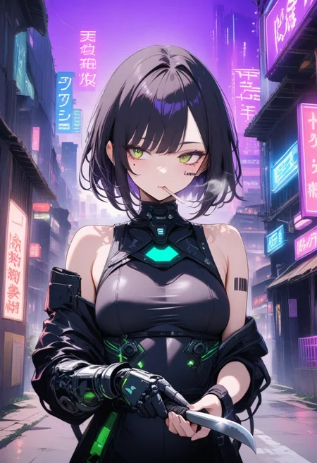 1girl, solo, safe,
japanese, Cyberpunk(green and purple background, big buildings, neon signs, open bars, prostitutes offering themselves:1.2),smoking,
black armored suit, one arm sleveless, sidbob, short black undercut hair, mechanical arm, mechanical eye, holding Knife, looking to side, barcode tattoo under eye, number tattoo in arm,
<lora:LoraANGXL4Z_YamiStyle_v2:1.0>
masterpiece, high score, great score, absurdres.