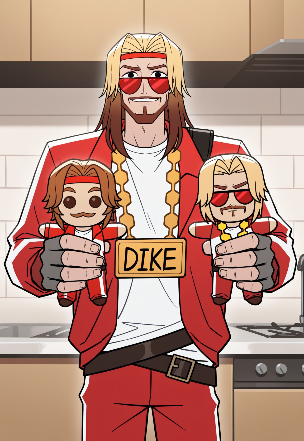 masterpiece, best quality, newest, 1boy, solo, kitchen, looking at viewer, smile, holding doll, character doll, <lora:Baking My Long Distance Bf Into A Cookie Because I Miss Him:1>
dukemtcy, blonde hair, brown hair, black eyes, multicolored hair, facial hair, beard with mustache, headband, sunglasses, red-tinted eyewear, bright red tracksuit, black shoulder pad, jacket, huge chain, name on chain, white t-shirt, grey fingerless gloves with spikes, belt, pants