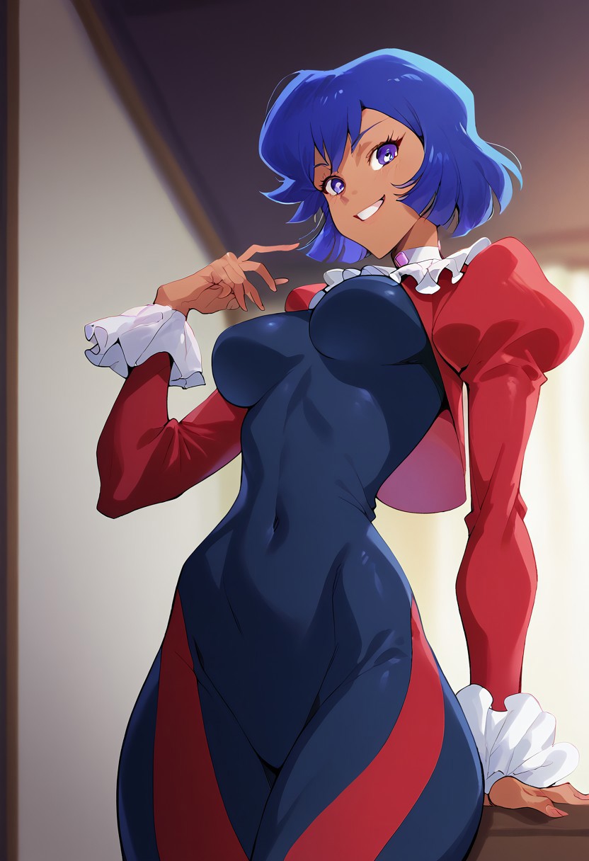 score_9, score_8_up, score_7_up, score_6_up, 2d, cartoon, 1girl, solo, cowboy shot, perfect face, perfect eyes, 1girl, Misty Honey, tanned skin, blue hair, short hair, purple eyes, smile, thin waist, slim waist, standing, looking down at viewer, (((medium breasts))), ((medium ass)), jewelry, red jacket, skintight bodysuit, multicolored bodysuit, red and blue bodysuit, upper body focus, bedroom