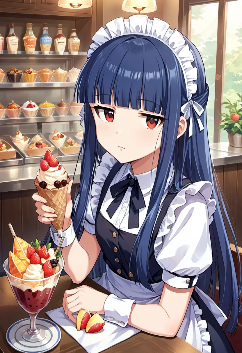 score_9, score_8_up, score_7_up, source_anime, sajou yukimi, long hair, blue hair, red eyes, 1girl, maid headdress, solo, apron, parfait, food, maid, looking at viewer, fruit, blunt bangs
