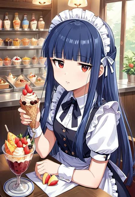 score_9, score_8_up, score_7_up, source_anime, sajou yukimi, long hair, blue hair, red eyes, 1girl, maid headdress, solo, apron, parfait, food, maid, looking at viewer, fruit, blunt bangs