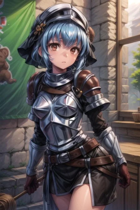 menadshisei, <lora:menad shisei-lora-nochekaiser:1>,
menad shisei, short hair, (brown eyes:1.5), blue hair,
BREAK gloves, armor, shoulder armor, brown gloves, pauldrons, breastplate,
BREAK indoors, castle,
BREAK looking at viewer, (cowboy shot:1.5),
BREAK <lyco:GoodHands-beta2:1>, (masterpiece:1.2), best quality, high resolution, unity 8k wallpaper, (illustration:0.8), (beautiful detailed eyes:1.6), extremely detailed face, perfect lighting, extremely detailed CG, (perfect hands, perfect anatomy),