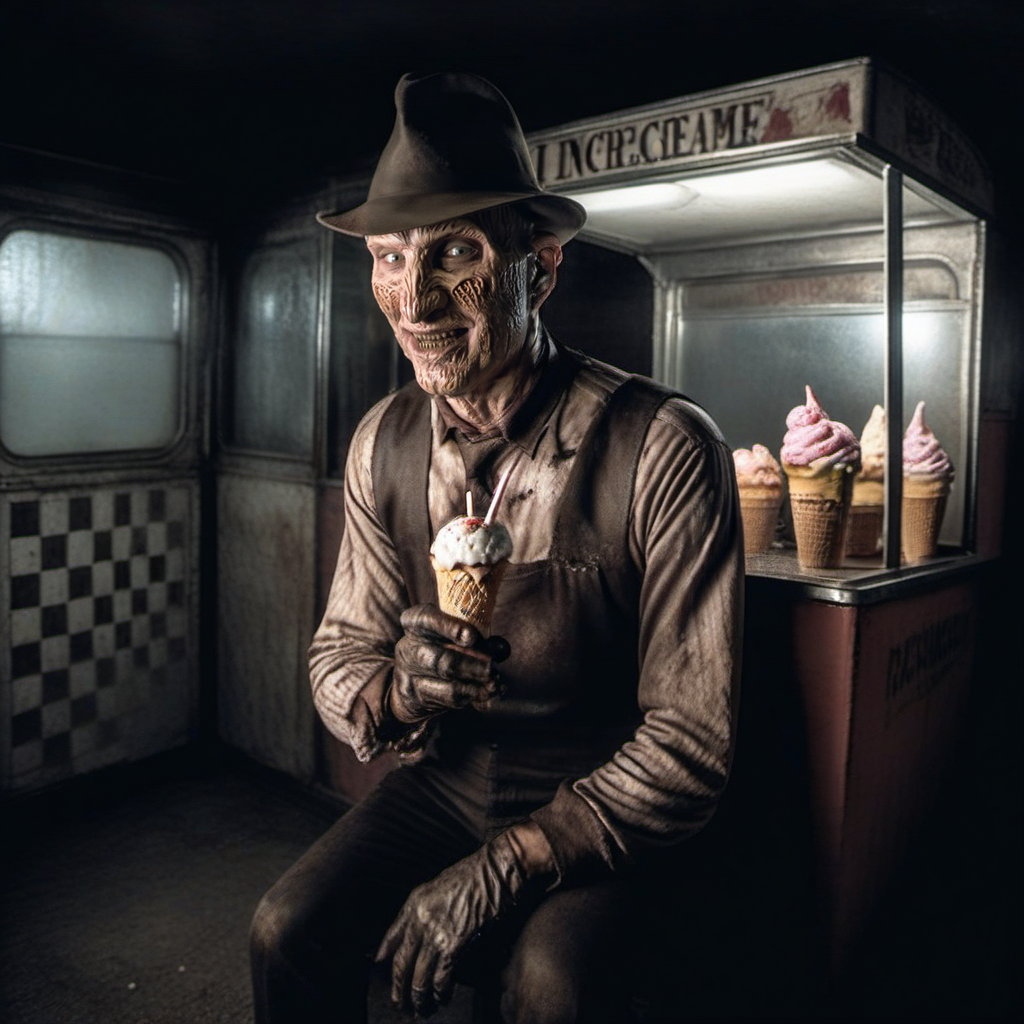 Horror-themed a man with a hat is a icecream-man in an icecreamtruck, smile <lora:FreddyKrueger1024:0.8> . Eerie, unsettling, dark, spooky, suspenseful, grim, highly detailed