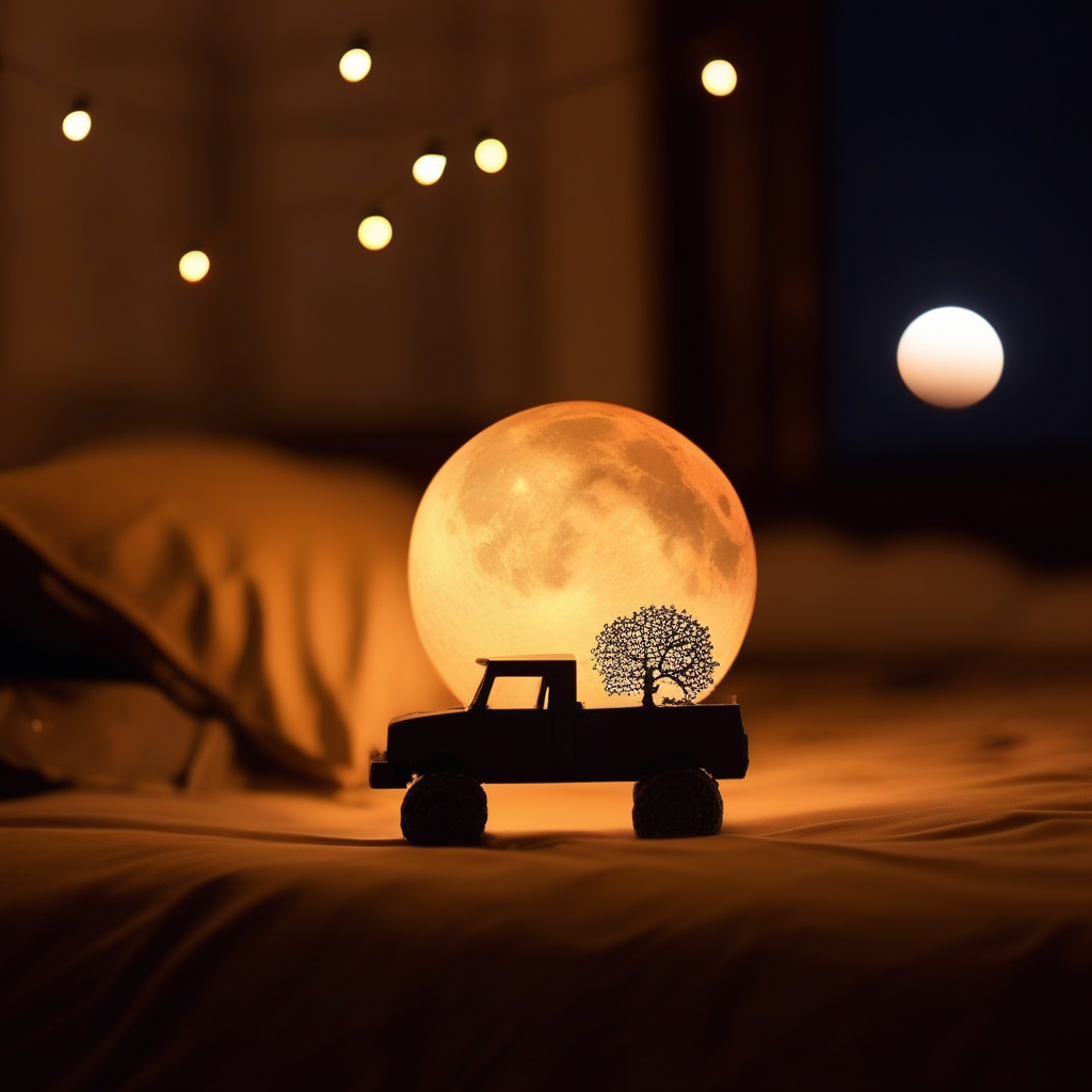 lighting bulb, ground vehicle, blurry, building, branch, bed, moon, pillow