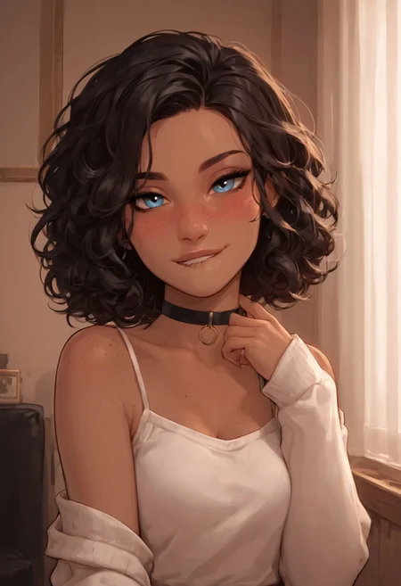 masterpiece,best quality, highly detailed, score_9, score_8_up, score_7_up, score_6_up,source_anime,
BREAK, 1girl, pose, dark-skinned, black curly hair, short hair, blue eyes, freckles, choker, bedroom,, blush, living room, looking at viewer, biting lip, seductive smile,