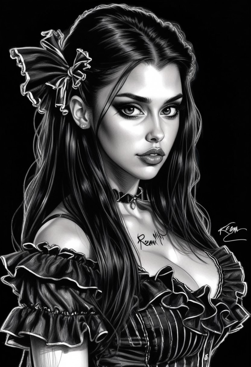 Sketch of a beautiful busty girl R33M with hairclip and ruffle shirt, long wavy hair, illustrative art, detailed, elegant