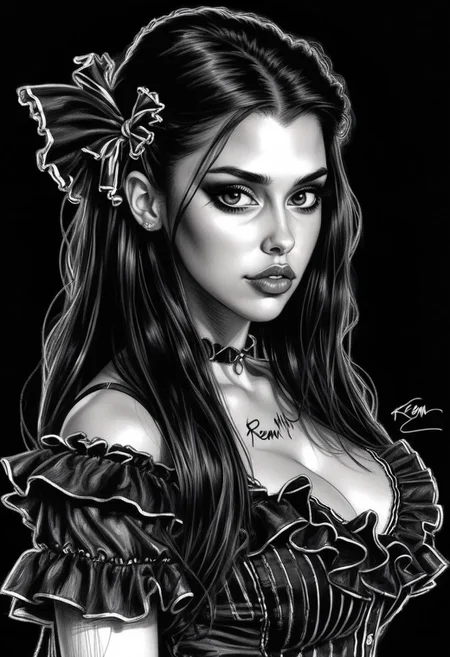 Sketch of a beautiful busty girl R33M with hairclip and ruffle shirt, long wavy hair, illustrative art, detailed, elegant