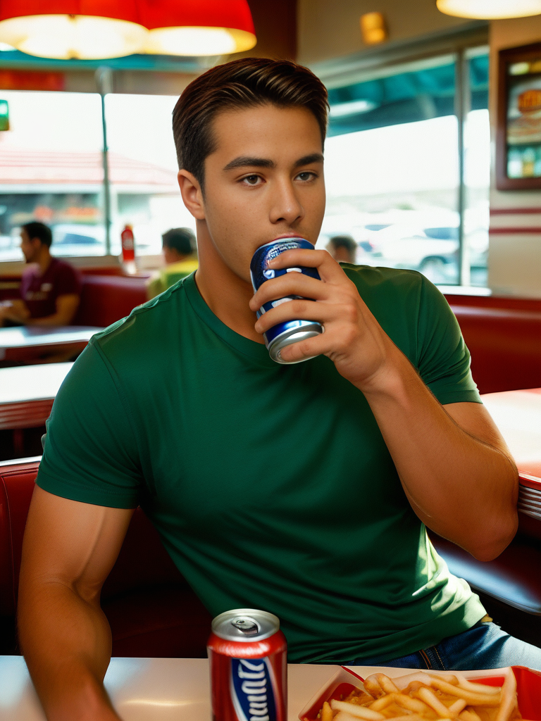 score_9, score_8_up, score_7_up, analogue photography,  photograph of 1boy pr1nc3_c standing, green t-shirt, brown hair and brown eyes,  clothed,break, natural light, high quality, film grain, Fujifilm XT3, indoors, drinking soda can, location: restaurant, diner, close-up, solo
 <lora:Real_Prince_SD_V0-000040:1>