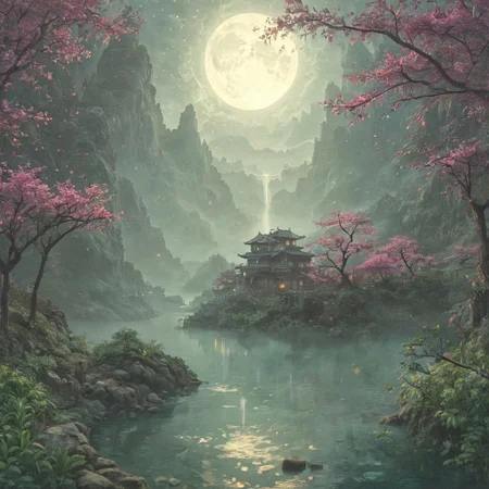 psychodelic scenic japan night landscape, novuschroma60 style bokeh, novuschroma73 style, sakura garden, mountains, lake, perfect composition, moonlight, twilight, purple sky, atmospheric, mystical, magical realism, haze, low angle, masterpiece, award winning,, ultra detailed, highly detailed, 8k, uhd, Style-Japan, vivid colours, luminous