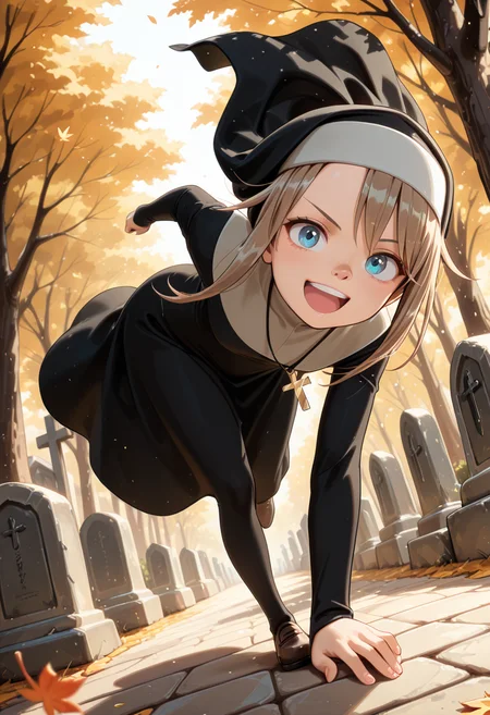 masterpiece, best quality, 32k, high resolution, absurdres
1girl, solo, Gardie, brown hair, blue eyes
habit, nun , nun dress, cross necklace,
dynamic pose, running, jumping over graves. smiling, open mouth, towards viewer, moving lines, blurry background
outdoors, graveyard, old graves, old tombstones, old church in the background, autumn, falling leaves, windy
light particles, dynamic angle, cinematic angle, various angles, detailed background, beautiful background, (rays light:1.0),(grow:1.0) vivid colors, shiny and glossy, anime style, high-res, beautiful aesthetic, very intricate, high-quality details, vibrant,
<lora:add-detail-xl:1.10> <lora:spo_sdxl_10ep_4k-data_lora_webui:0.95> <lora:noobai_ep11_stabilizer_v0.138_fp16:0.6> <lora:StS-Illustrious-Detail-Slider-v1.0:1.10> <lora:cfg_scale_boost:0.95> <lora:nyalia:0.20> <lora:hildegard_illustrious:0.8>
