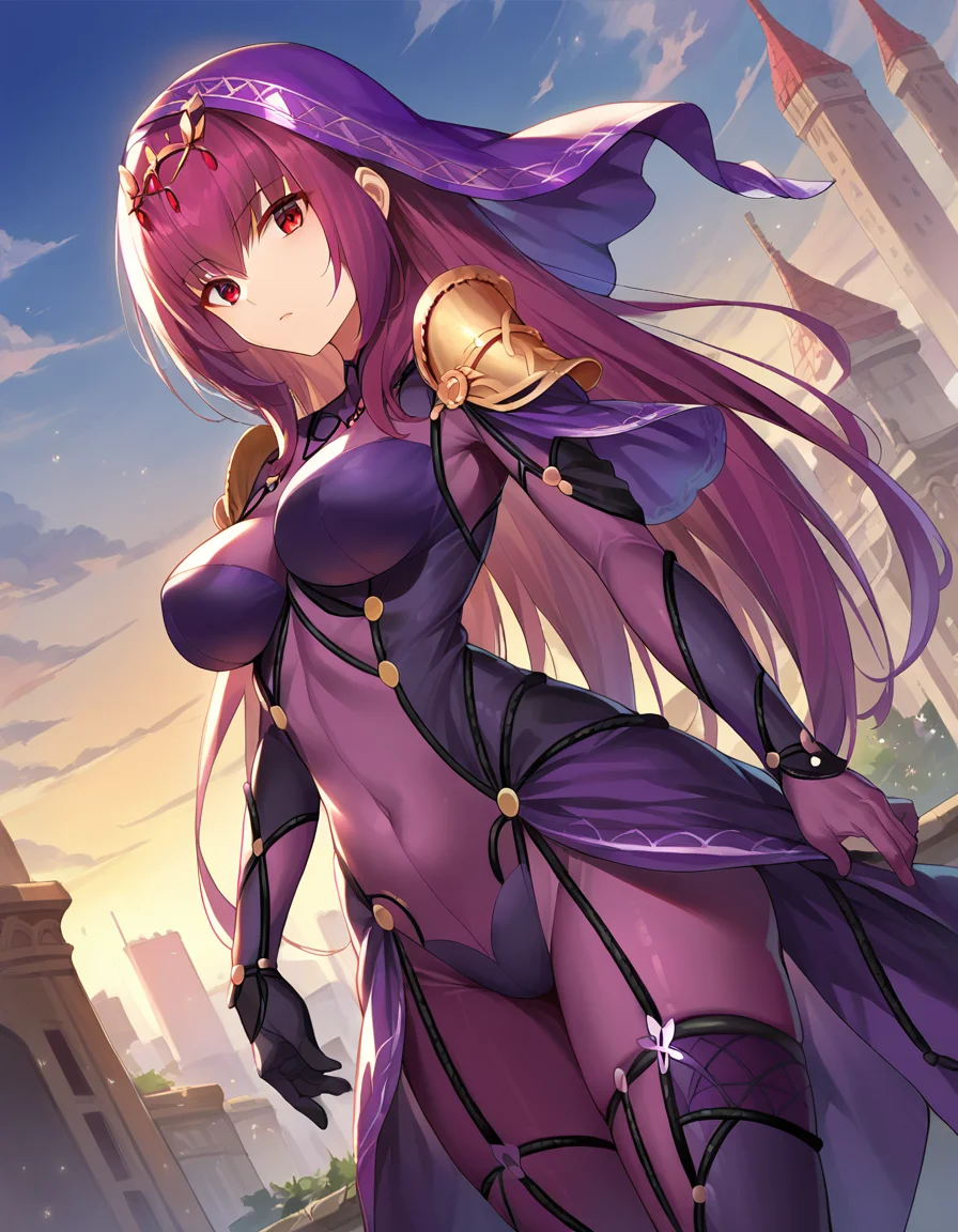 score_9, score_8_up, score_7_up, source_anime,
scathach, <lora:scathach-ponyxl-lora-nochekaiser:1>,
scathach, long hair, purple hair, red eyes,
armor, bodysuit, pauldrons, purple bodysuit, shoulder armor, thighs, veil, black veil,
outdoors, cityscape,
looking at viewer, dutch angle, cowboy shot,