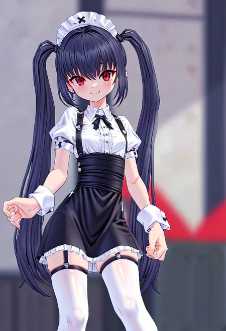 blurred background,
smile,
looking at viewer,
solo,
koohPangya, black hair, red eyes, kooh, twintails, flat chest,
maidSet, thighhighs, headdress, ribbon, white legwear, frills, black skirt, puffy short sleeves, cuffs,
standing,
masterpiece,best quality,good quality,newest,