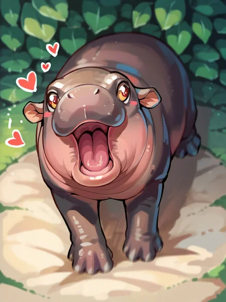 score_9, score_8_up, score_7_up, score_6_up, score_5_up, <lora:Moo_DengXLP:1> no humans, moo deng, hippo, open mouth, animal focus, heart