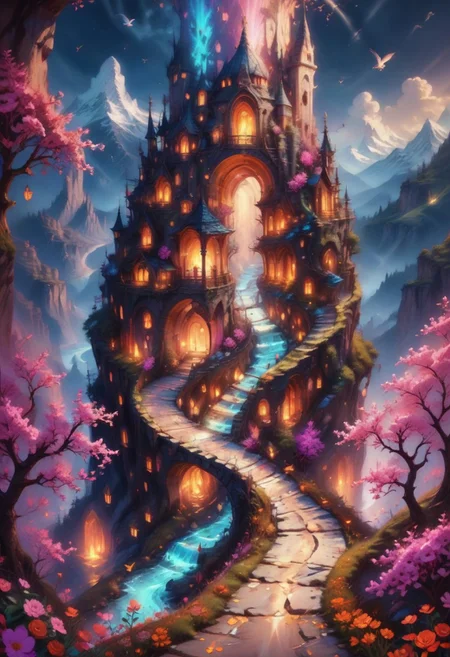 A serene fantasy landscape with a stone path leading into a lush valley framed by pink-blossomed trees. Bright flowers, ancient buildings, misty mountains, and a winding river create a peaceful, mystical atmosphere under a vibrant blue sky with floating clouds. Birds soar near the peaks, adding to the idyllic, magical feel of this inviting scene., bl4ckl1ghtxl, Jed-ANC