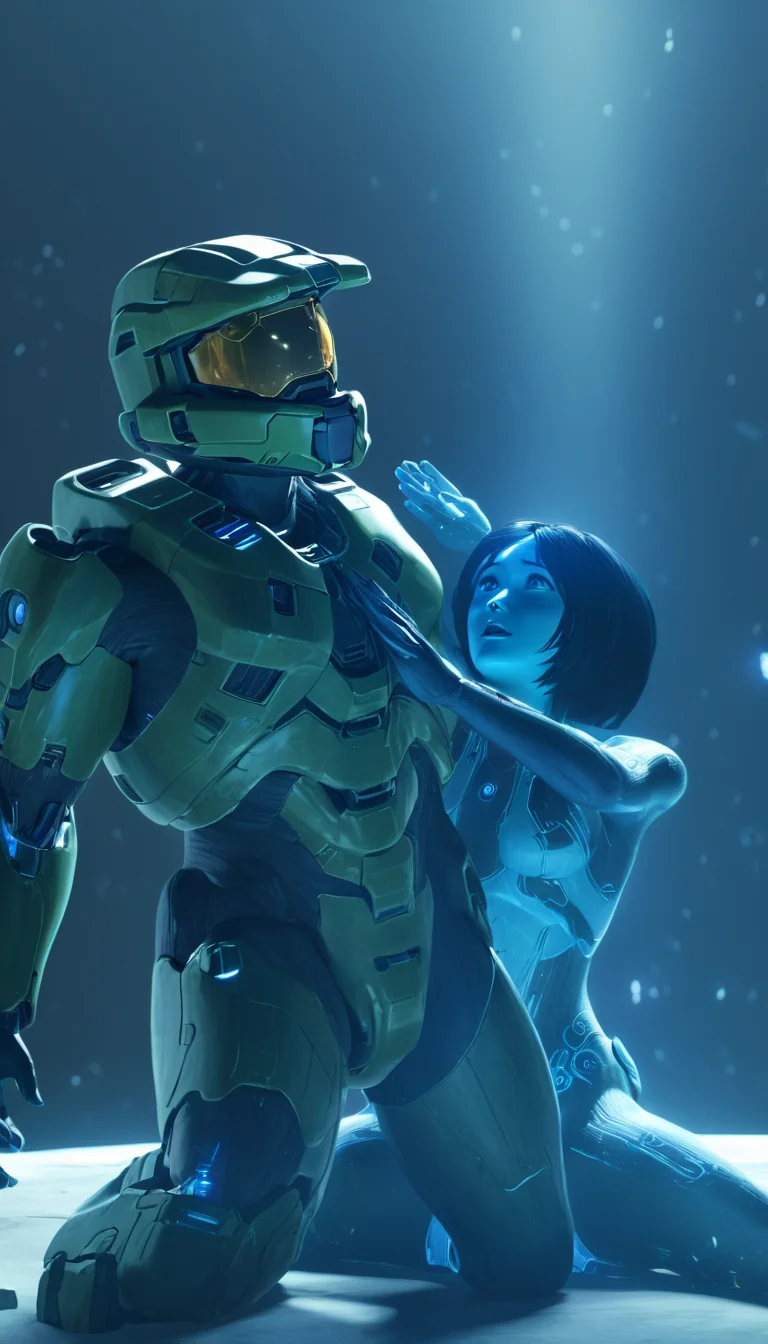 Cinematic scene, hero view, Cortana being petted by Master Chief <lora:cortana_xl_v3:1>, action pose, detailed background, masterpiece, best quality, high quality, absurdres