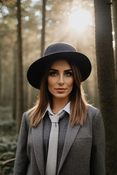 'p3x3ls style photo', a woman in a 'dark grey' 'small hat' and a "light grey' tie, in the woods, ((backlight))